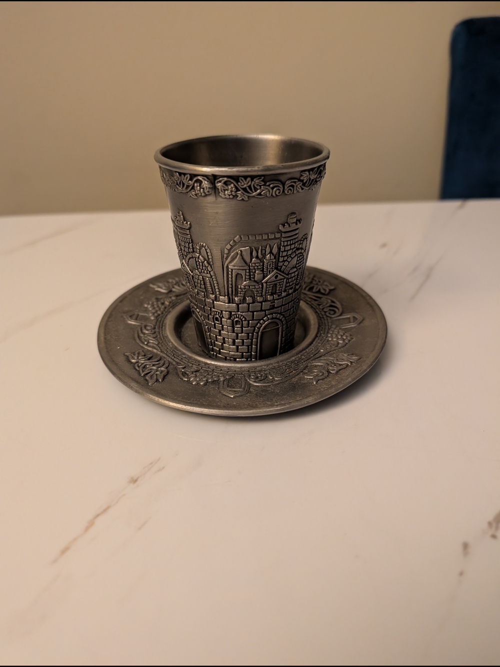 Embossed Pewter Kiddush Cup & Saucer Set - Medieval Castle Motif